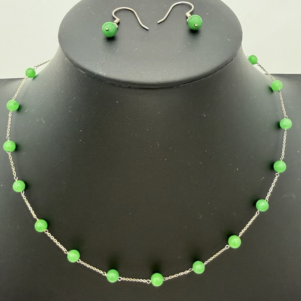 Vtg Djoy 925 Sterling Silver Green Jade Necklace Earring Set Station Delicate